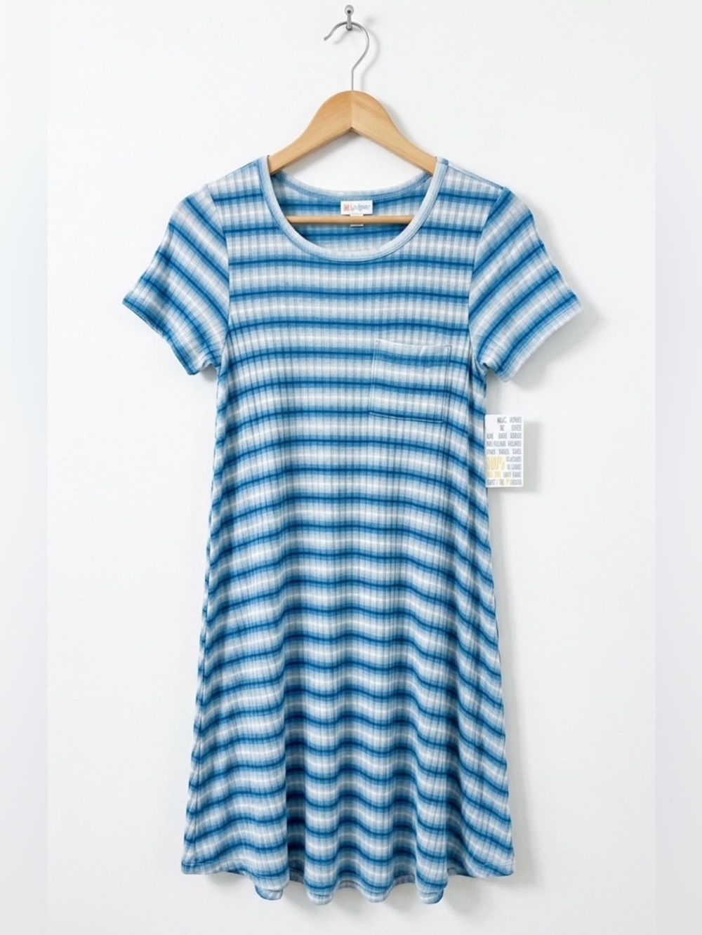 LuLaRoe Blue and White Striped Ribbed Short Sleeve Pocket Midi Dress NWT